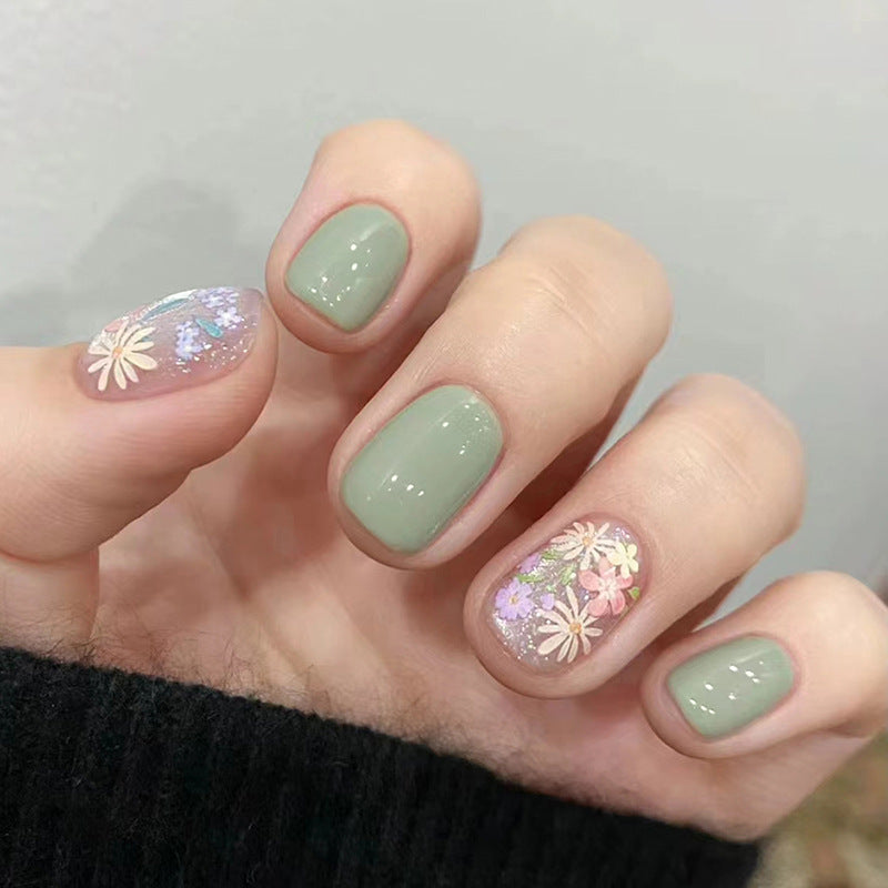 Spring Blossom Collection Short Squoval Sage Green Floral Glitter Press On Nail Set