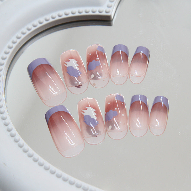 Dreamy Pastel Long Square Press On Nail Set with Ombre Pink and Lavender Accent Tips Featuring Unique Cloud Designs