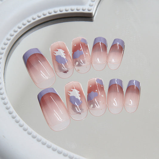 Dreamy Pastel Long Square Press On Nail Set with Ombre Pink and Lavender Accent Tips Featuring Unique Cloud Designs