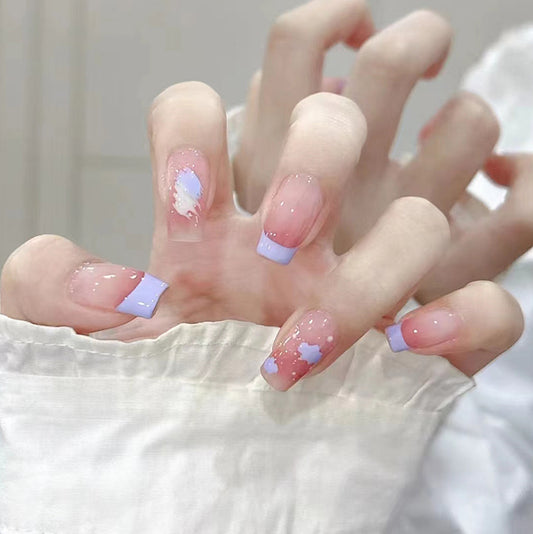 Dreamy Sky Themed Long Square Press On Nail Set in Pastel Pink with Unique Cloud Design