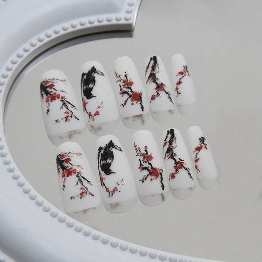 Floral Fantasy Long Coffin White Press On Nails with Splattered Cherry Blossom Accents