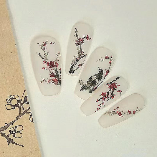 Oriental Blossom Long Coffin White Press On Nail Set with Floral Cherry Blossom Art Design