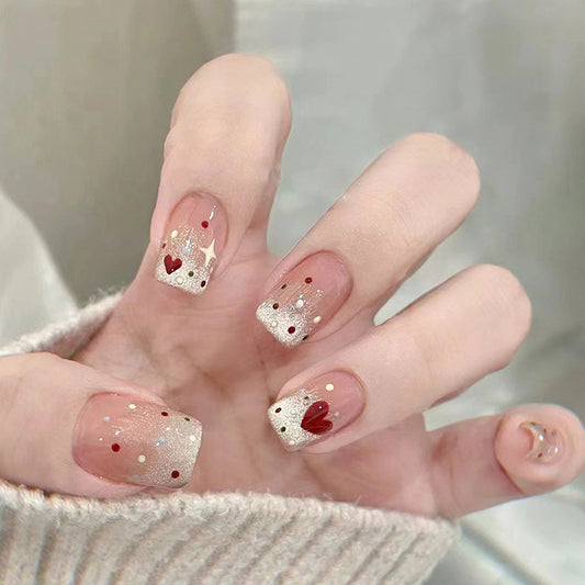 Enchanting Romance Short Square Beige Press on Nail Set with Glitter Accents and Heart Charms