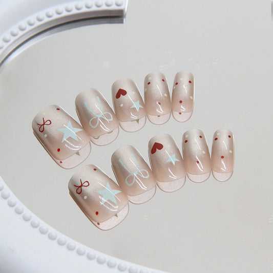 Whimsical Delight Short Square Beige and White Festive Pattern Press On Nails