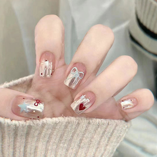 Festive Charm Short Square Beige and White Holiday Motif Press On Nails