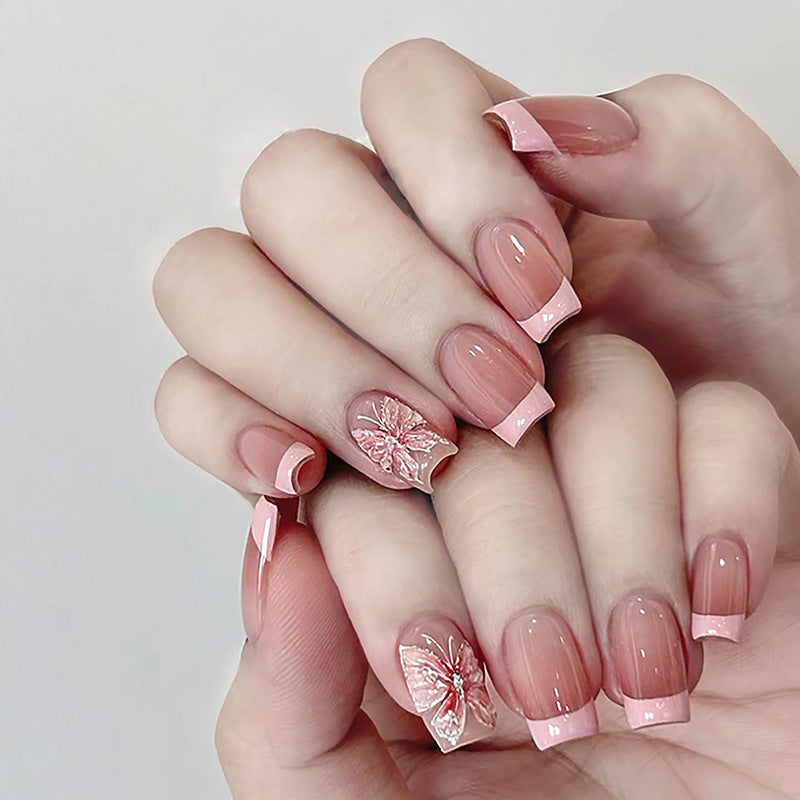 Elegant Blossom Theme Medium Length Square Pink Press On Nail Set with 3D Floral Accents