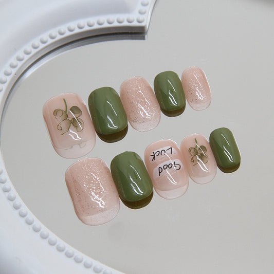 Botanical Bliss Short Round Olive Green and Beige Glitter Press On Nail Set with Leaf Accents