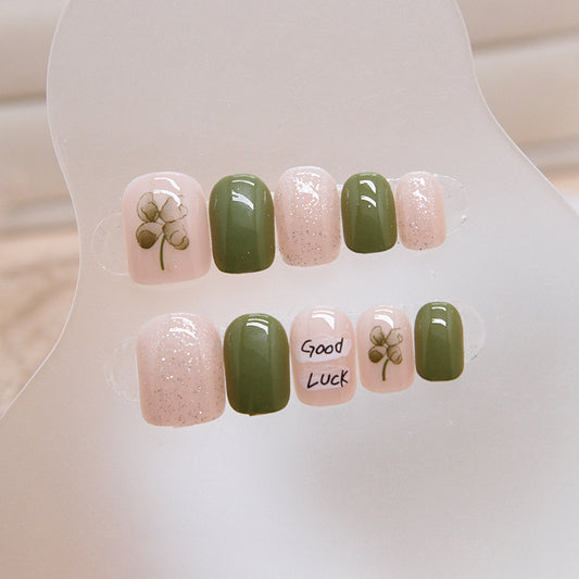 Lucky Charm Short Round Press On Nails Set with Olive Green and Glitter Pink Floral Design