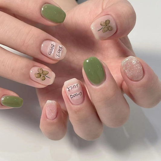 Spring Blossom Short Round Press On Nails in Olive Green and Pink with Glitter Accents and Floral Designs