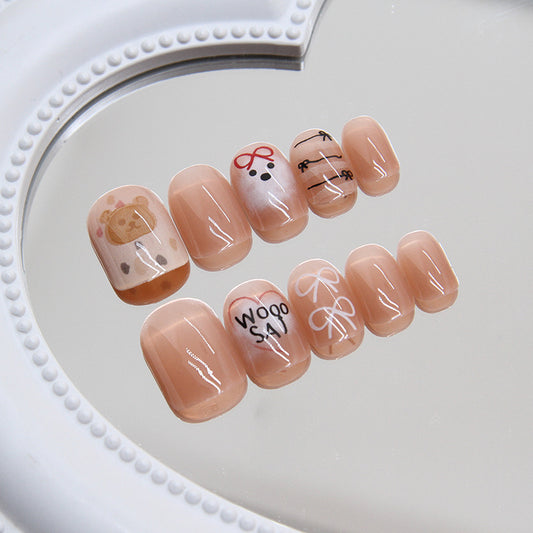 Whimsical Doodles Short Oval Beige Press On Nail Set with Cute Illustrations