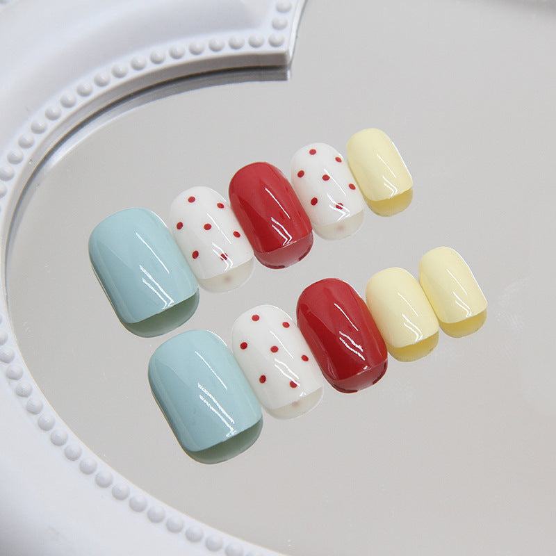 Vintage Picnic Short Round Press On Nails in Pastel Blue White Red and Yellow with Polka Dot Design