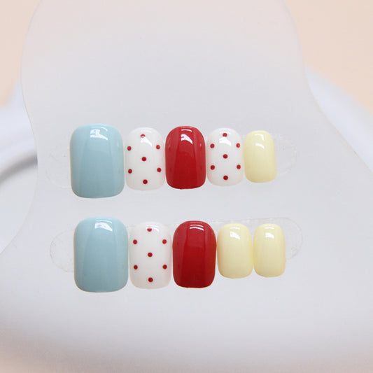 Vintage Polka Dot Collection Short Round Press On Nails in Pastel Blue Red and Cream Colors with Fun Dotted Accents
