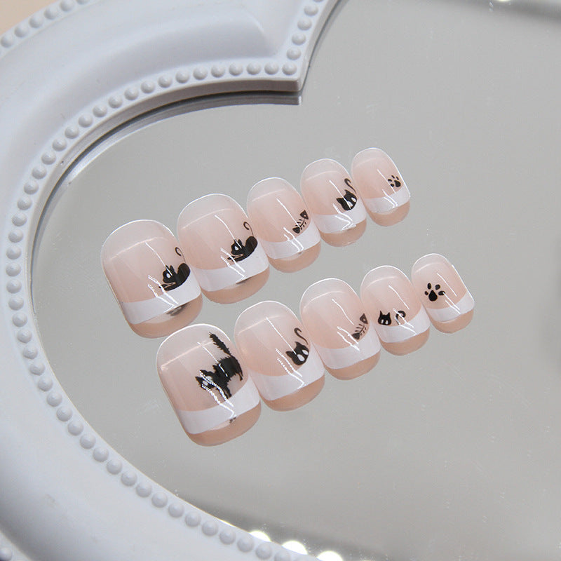Chic Feline Fancy Short Round Pink Press-On Nail Set with Black Cat Accents