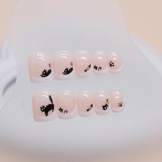Feline Fantasy Short Round Pink Press On Nails with Black Cat Accents