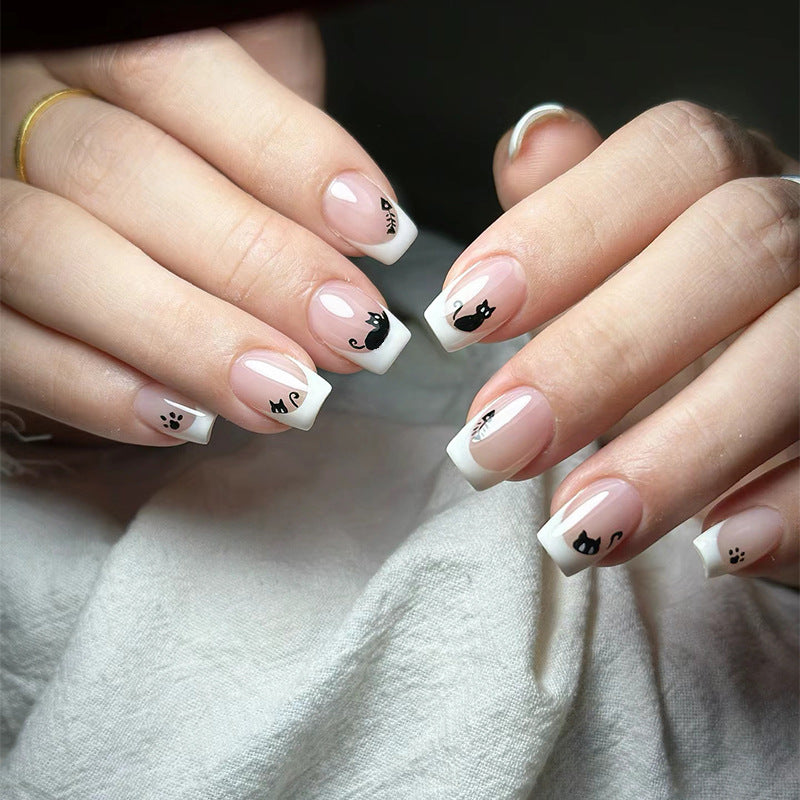 Whimsical Cat-Themed Medium Square Shape Press on Nail Set in Pink and White with Paw and Tail Art Details