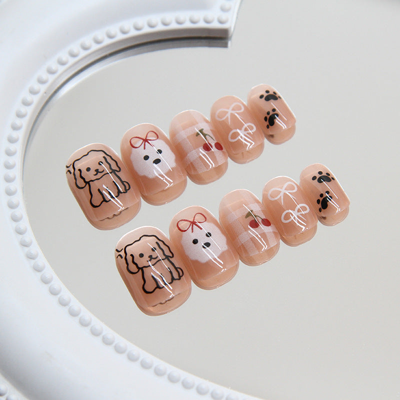 Puppy Love Short Round Peach Press On Nails with Adorable Dog Design