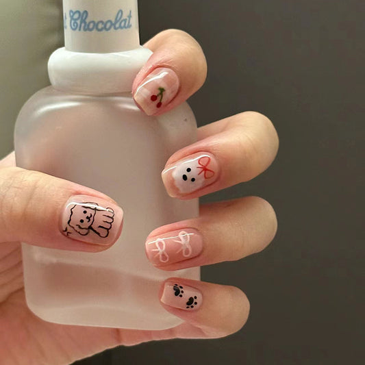 Kawaii Chic Short Round Pink Press On Nails with Adorable Animal Accents and Playful Patterns