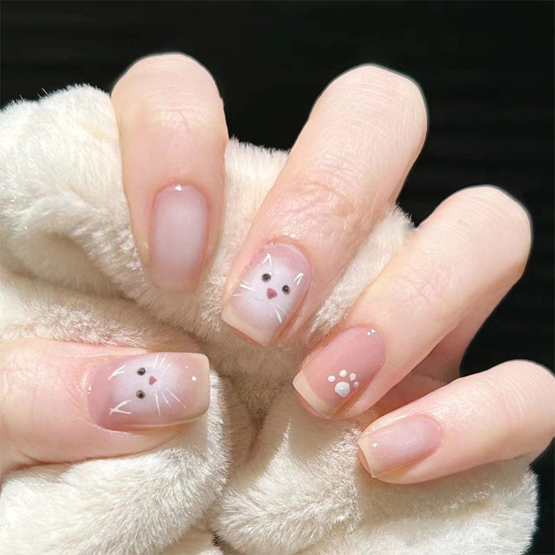 Enchanted Whiskers Collection Short Round Clear Press On Nails with Cute Cat Design