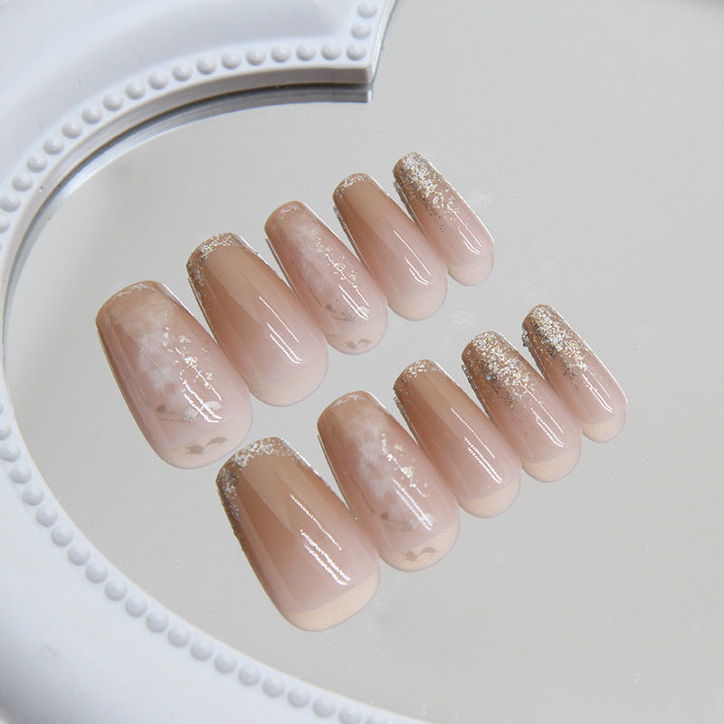 Elegant Sparkle Medium Coffin Beige Press On Nail Set with Glitter Accents