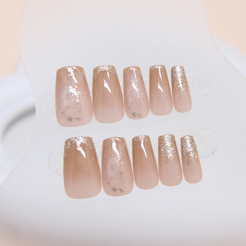 Enchanted Elegance Medium Coffin Beige Press On Nail Set with Gold Flake Accents