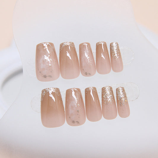 Enchanted Elegance Medium Coffin Beige Press On Nail Set with Gold Flake Accents
