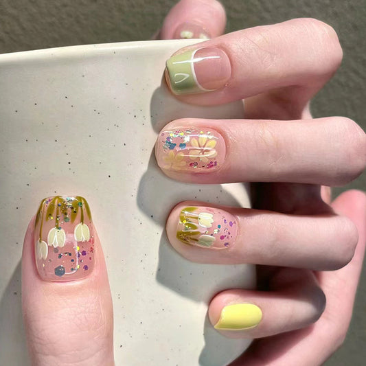 Spring Bloom Short Round Natural Pastel Press On Nail Set with Floral and Glitter Details