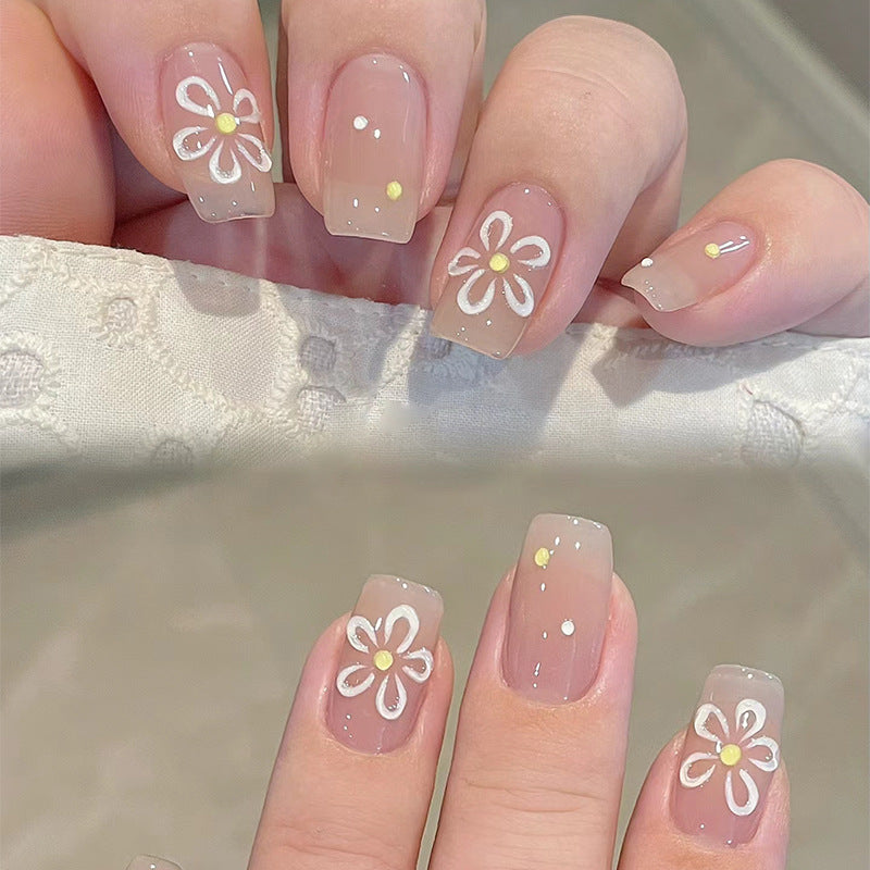 Blooming Elegance Medium Square Natural Beige Nail Set with Floral Art and Gold Accents