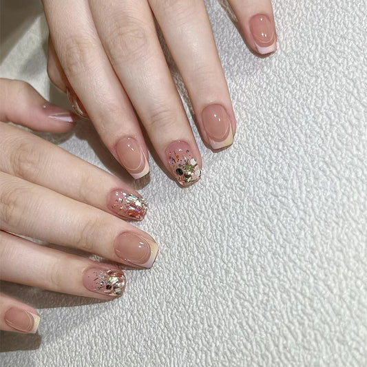 Glamorous Rose Gold Short Square Press On Nail Set with Glittering Floral Accents