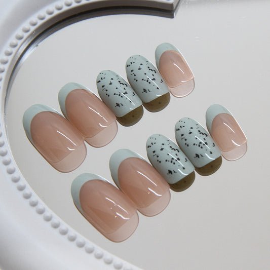 Chic Elegance Medium Oval Shaped Mint and Beige Press On Nail Set with Speckled Design