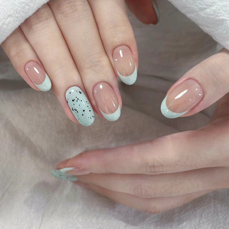 Ocean Breeze Medium Oval Mint and Clear Press On Nail Set with Unique Dotted Design