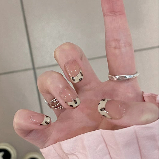 Chic Cow Print Short Round Natural with Glossy Finish Press On Nail Set