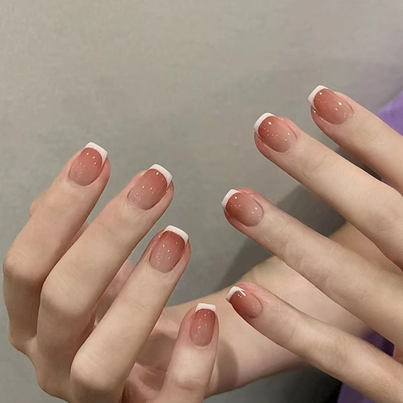 Elegant Rose Inspired Short Square Peach with Glossy Finish and Chic White Tips Press on Nail Set