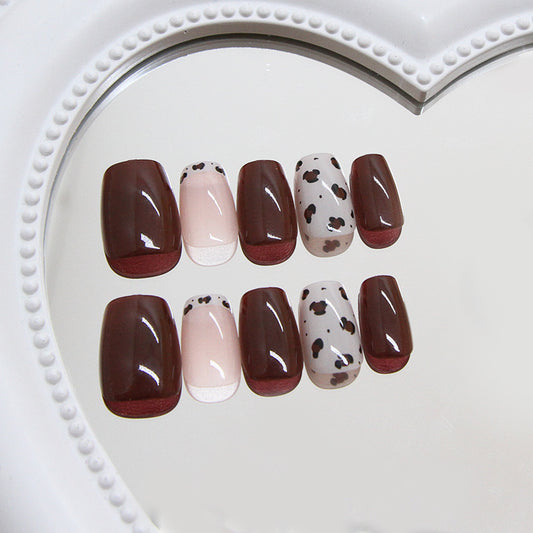 Cowgirl Chic Short Square Press On Nails in Deep Brown and Soft Pink with Fun Cow Print Design