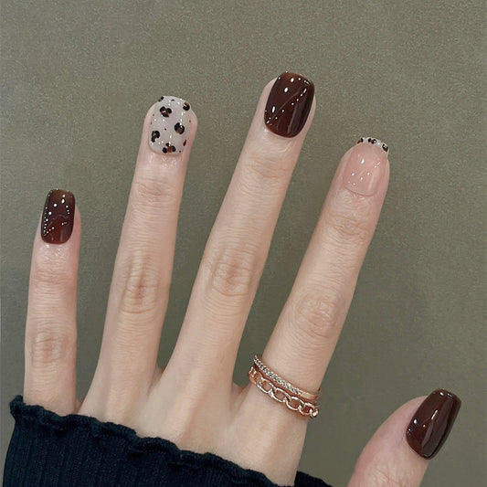 Chic Elegance Short Square Burgundy and Beige Mix with Dazzling Dot Accents Press On Nail Set