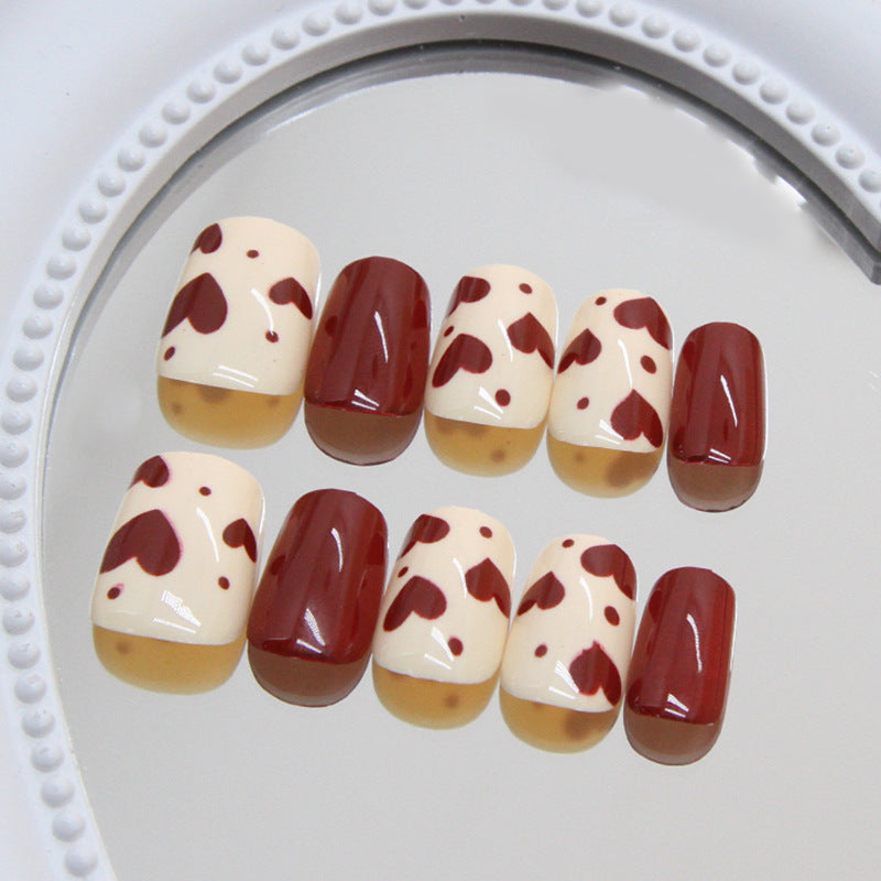 Charming Hearts Short Square Shaped Cream and Burgundy Press on Nail Set with Playful Heart Design
