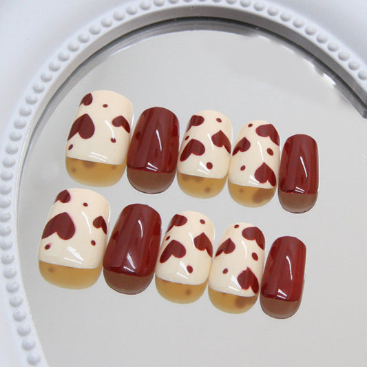 Charming Hearts Short Square Shaped Cream and Burgundy Press on Nail Set with Playful Heart Design