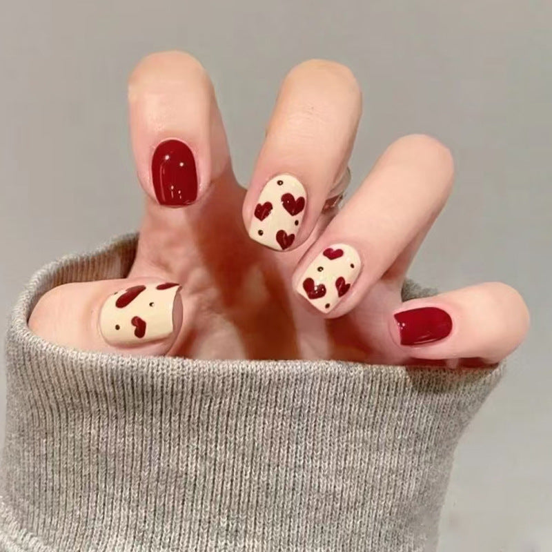 Charming Romance Short Square Burgundy and Cream Hearts Press On Nail Set
