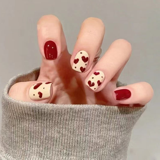 Charming Romance Short Square Burgundy and Cream Hearts Press On Nail Set