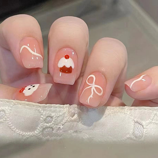 Sweet Delightful Pastel Medium Square Acrylic Nails with Cute Cupcake and Bow Designs