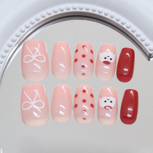 Whimsical Dreams Medium Square Soft Pink with Playful Red Polka Dots and Cute Cartoon Bear Design Press-On Nail Set