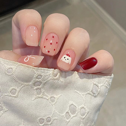 Whimsical Charm Medium Square Pink and Red Polka Dot Themed Press On Nail Set with Cute Frosted Accent