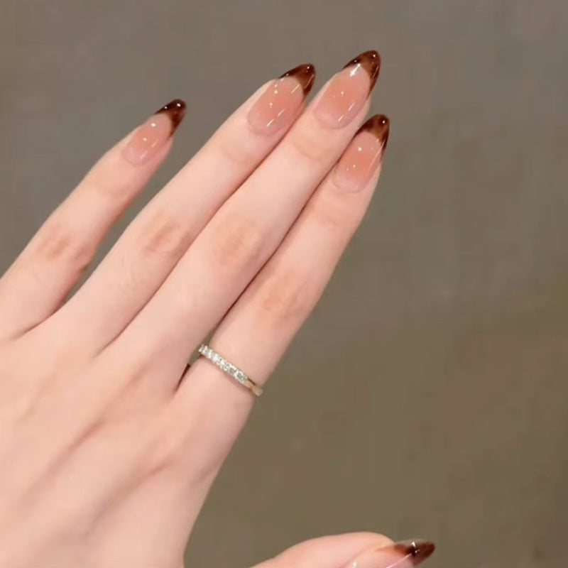 Elegant Espresso Dreams Medium Almond Brown Ombre Gradient Press On Nail Set