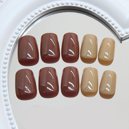 Autumn Elegance Short Square Burgundy and Beige Press On Nail Set with Glossy Finish