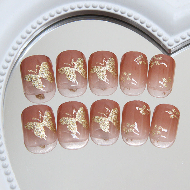 Whimsical Butterfly Dream Short Square Blush Pink Press On Nail Set with Stunning Gold Glitter Accents