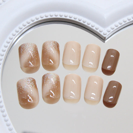 Elegant Earthy Glamour Short Squoval Beige with Sparkling Gradient Press-On Nail Set