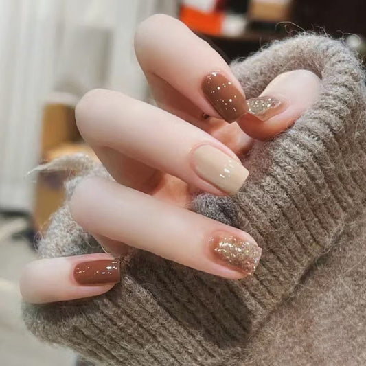 Autumn Elegance Medium Square Beige and Brown Glossy Press on Nail Set with Sparkling Accent