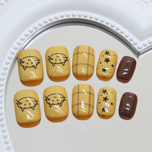 Charming Autumn Vibe Short Square Yellow Pastel Press On Nail Set with Cute Character and Star Patterns
