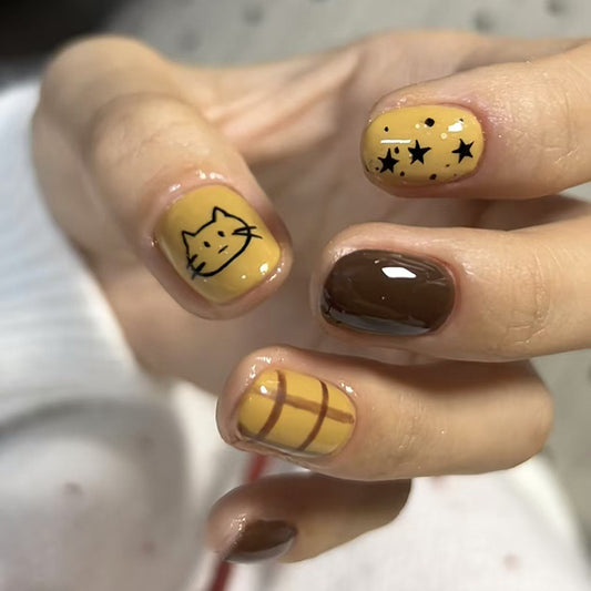 Cozy Cat Dessert Inspired Short Square Yellow and Brown Press On Nail Set with Whimsical Designs