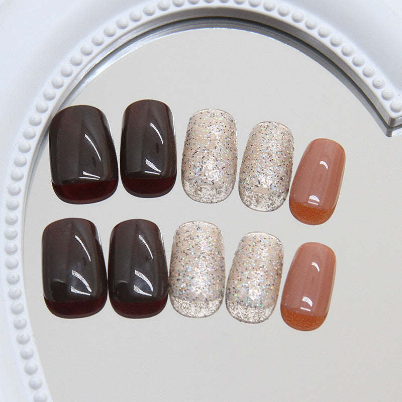 Chic Elegance Squoval Short Glossy Dark Burgundy and Sparkling Beige Glitter Press On Nail Set