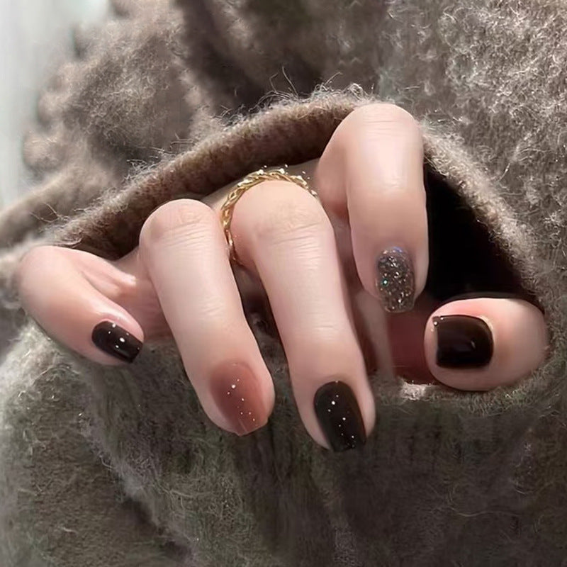Cozy Autumn Press On Nail Set Short Square Dark Brown with Glitter Accent
